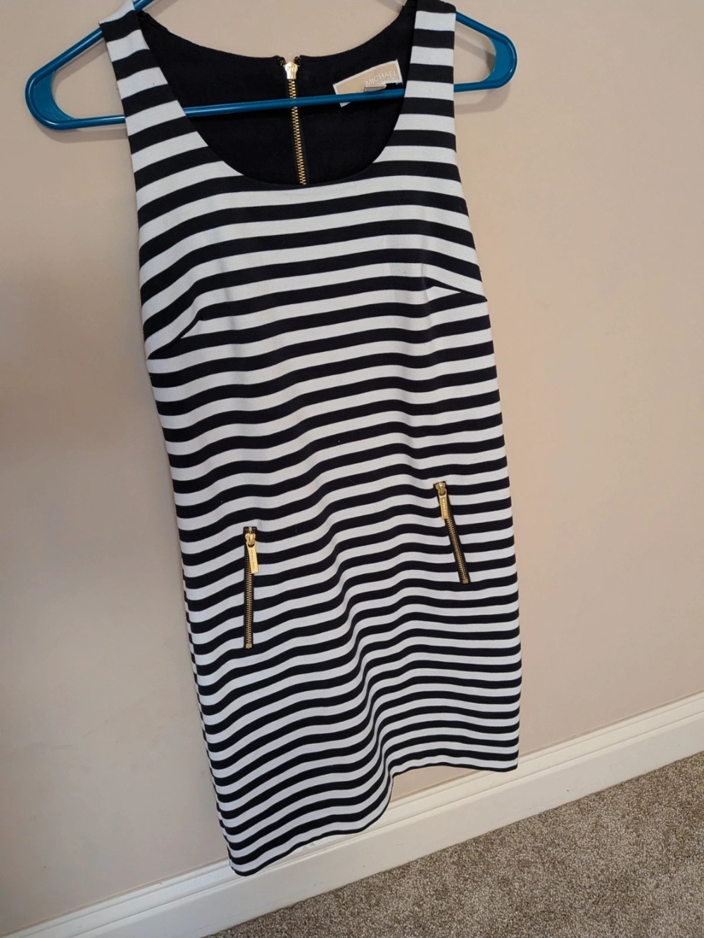 Michael Kors Black and White Striped Midi Dress with Gold Zipper Accents